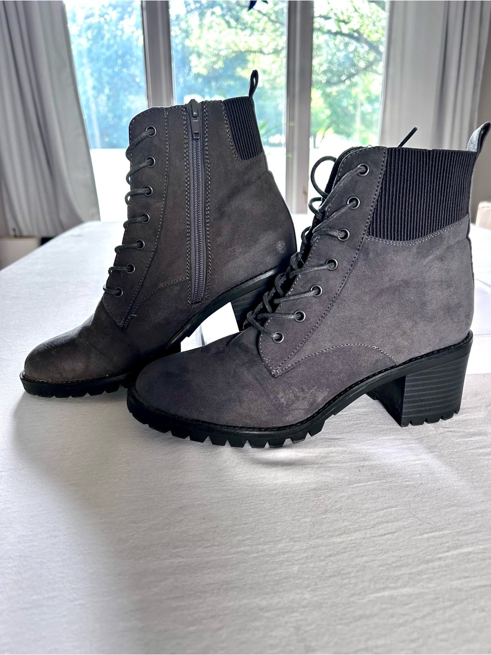 Market & Spruce Gray Lace-Up Block Heel Ankle Boots